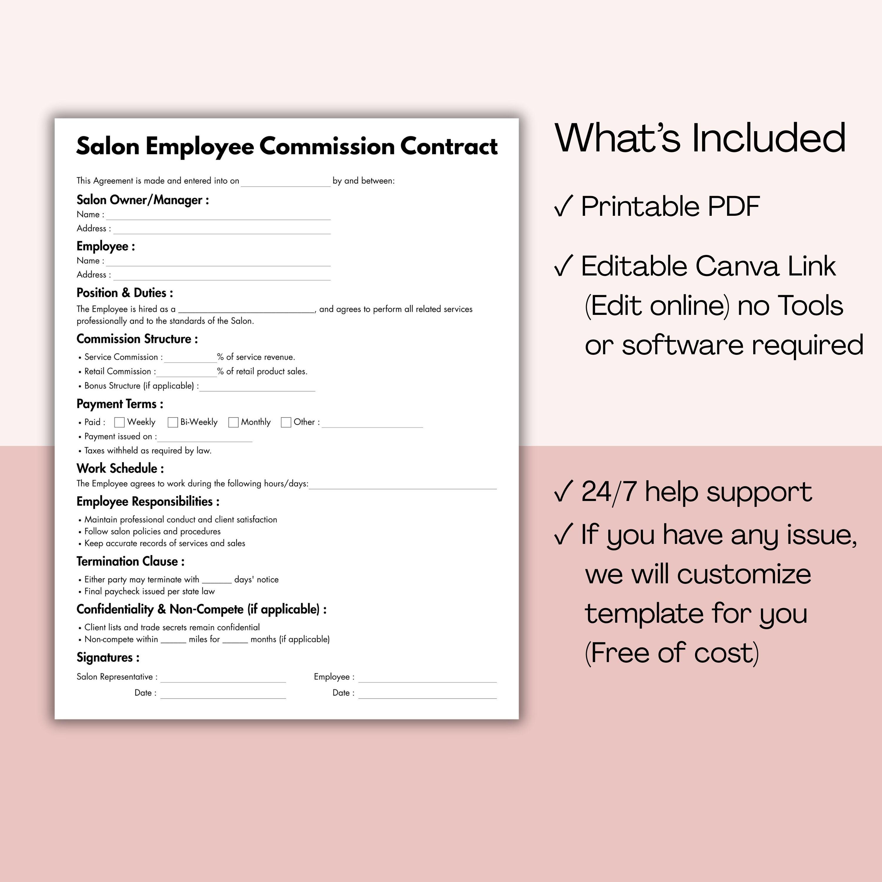 Salon Employee Commission Contract, Printable Stylist Commission ...