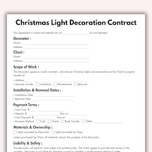 Christmas Light Decoration Contract, Printable Christmas Light Installation Contract Form Template, Editable in Canva Instant Download