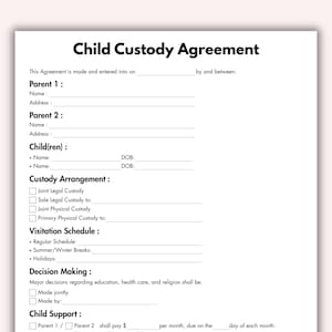 Child Custody Agreement, Printable Co-Parenting Form Template, Editable 50/50 Joint Custody Agreement Instant Digital Download