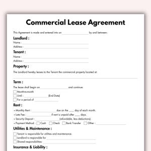 Commercial Lease Agreement, Printable Business Rental Contract Form Template, Editable Property Rental Lease Instant Digital Download
