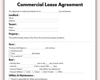 Commercial Lease Agreement, Printable Business Rental Contract Form Template, Editable Property Rental Lease Instant Digital Download
