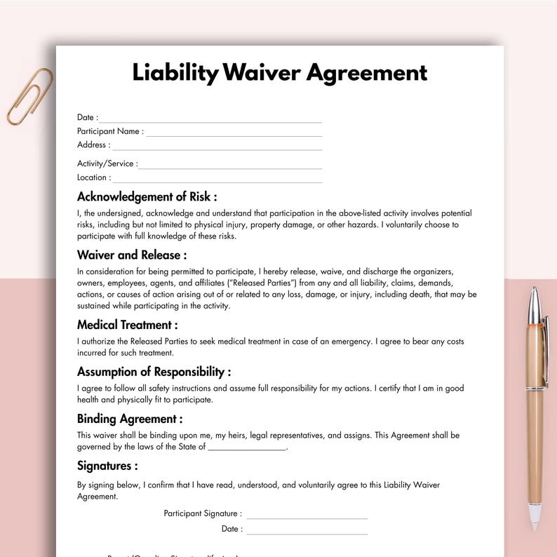 Liability Waiver Agreement, Printable Release of Liability Form ...