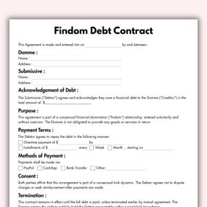 May include: A white document titled "Findom Debt Contract" with sections for Domme, Submissive, and payment terms. The document includes checkboxes for payment methods like PayPal and CashApp. The text is in black.