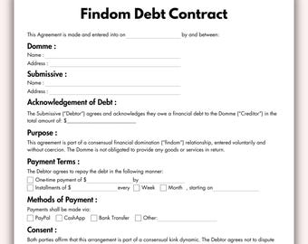 Contrato de deuda Findom, plantilla imprimible de acuerdo de deuda Findom, acuerdo de relación de dominación financiera editable, descarga instantánea
