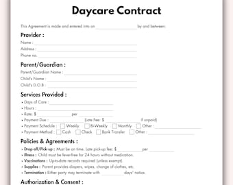 Daycare Contract, Printable Daycare Form Template, Editable Daycare Agreement, Childcare Forms, Daycare Liability Instant Digital Download