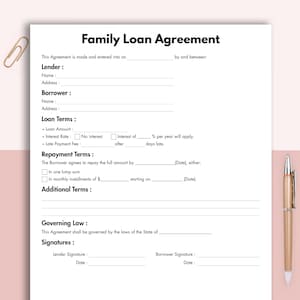 May include: A printed Family Loan Agreement form with sections for Lender, Borrower, Loan Terms, Repayment Terms, and Signatures. A gold paperclip and pen are visible.