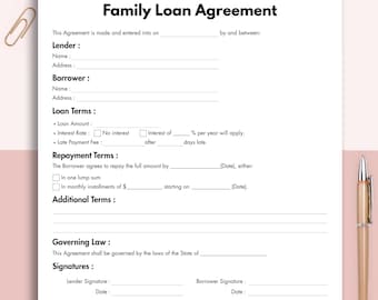 Contratto di prestito familiare, modello di contratto di prestito familiare stampabile, modulo di prestito familiare modificabile, contratto di debito familiare Canva download immediato