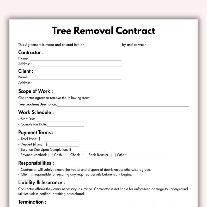 Sample Tree Work Contract Tree Removal Contract, Printable Tree Removal Service Form Template ...