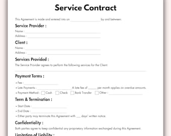 Service Contract, Printable Business Contract Form Template, Editable Services Agreement, Client Contract Instant Digital Download