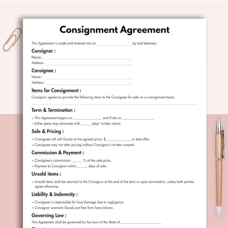 Consignment agreement showing pricing, commission, payment, and liability sections