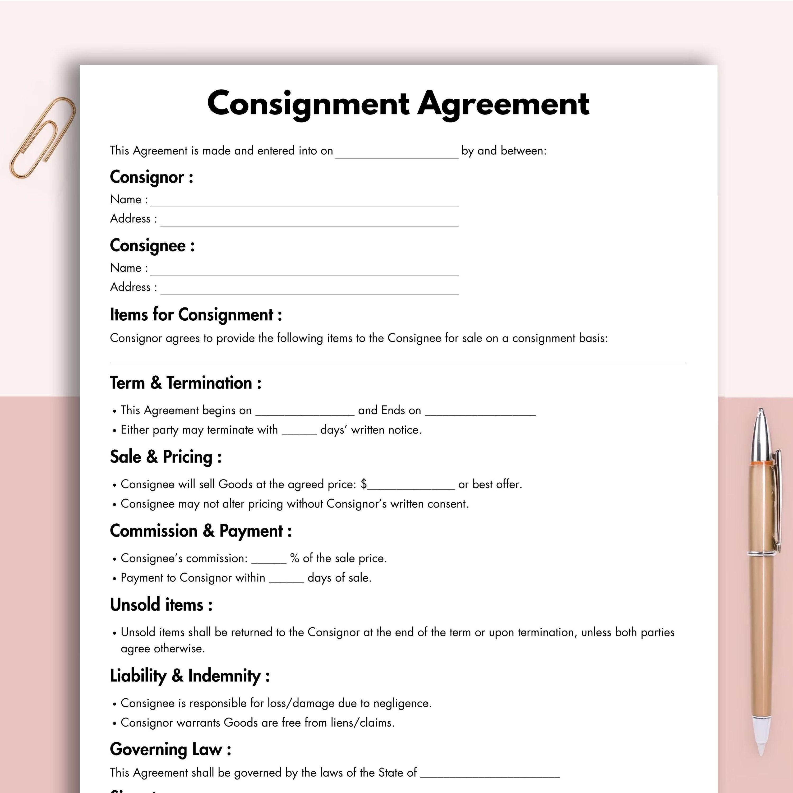 Consignment Agreement, Printable Consignment Contract Form Template ...