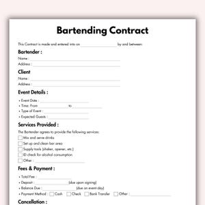 Bartending Contract, Printable Balloon Bartender Agreement Template, Editable Mobile Bar Contract Bartender, Event Service Instant Download