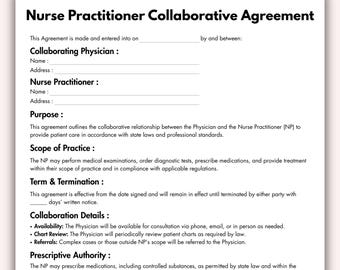 Nurse Practitioner Collaborative Agreement, Printable Nurse Practitioner Form Template, Editable Healthcare Agreement Instant Download