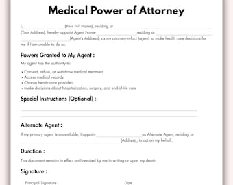 Procuration médicale, modèle de formulaire de procuration de soins de santé imprimable, autorité médicale modifiable de procuration de soins de santé téléchargement immédiat