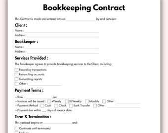 Buchhaltungsvertrag, druckbare Vorlage für freiberufliche Buchhalter, bearbeitbare Buchhaltungsdienstleistungsvereinbarung, sofortiger digitaler Download