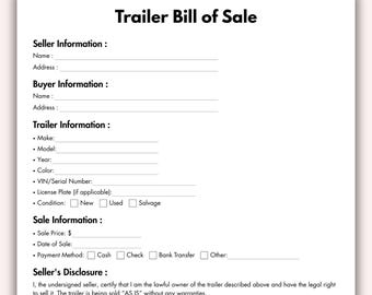Trailer Bill of Sale, Printable Trailer Contract Form Template, Editable Trailer Sales Agreement Motor Vehicle Bill of Sale Instant Download
