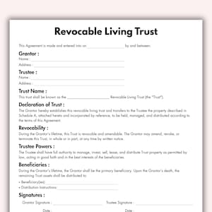 Może przedstawiać: Wydrukowany dokument zatytułowany "Revocable Living Trust". Dokument zawiera sekcje dla Grantora, Trustee, Trust Name, Declaration of Trust, Revocability, Trustee Powers, Beneficiaries i Signatures. Czarny tekst na białym tle.