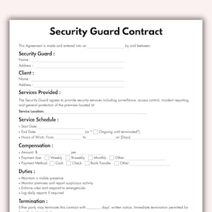 Wächtervertrag, druckbare Vorlage für einen Sicherheitsdienstleister-Vereinbarung, bearbeitbarer Sicherheitsunternehmensvertrag, sofortiger Download