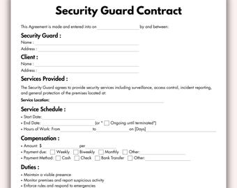 Security Guard Contract, Printable Security Service Provider Agreement Form Template, Editable Security Company Contract Instant Download