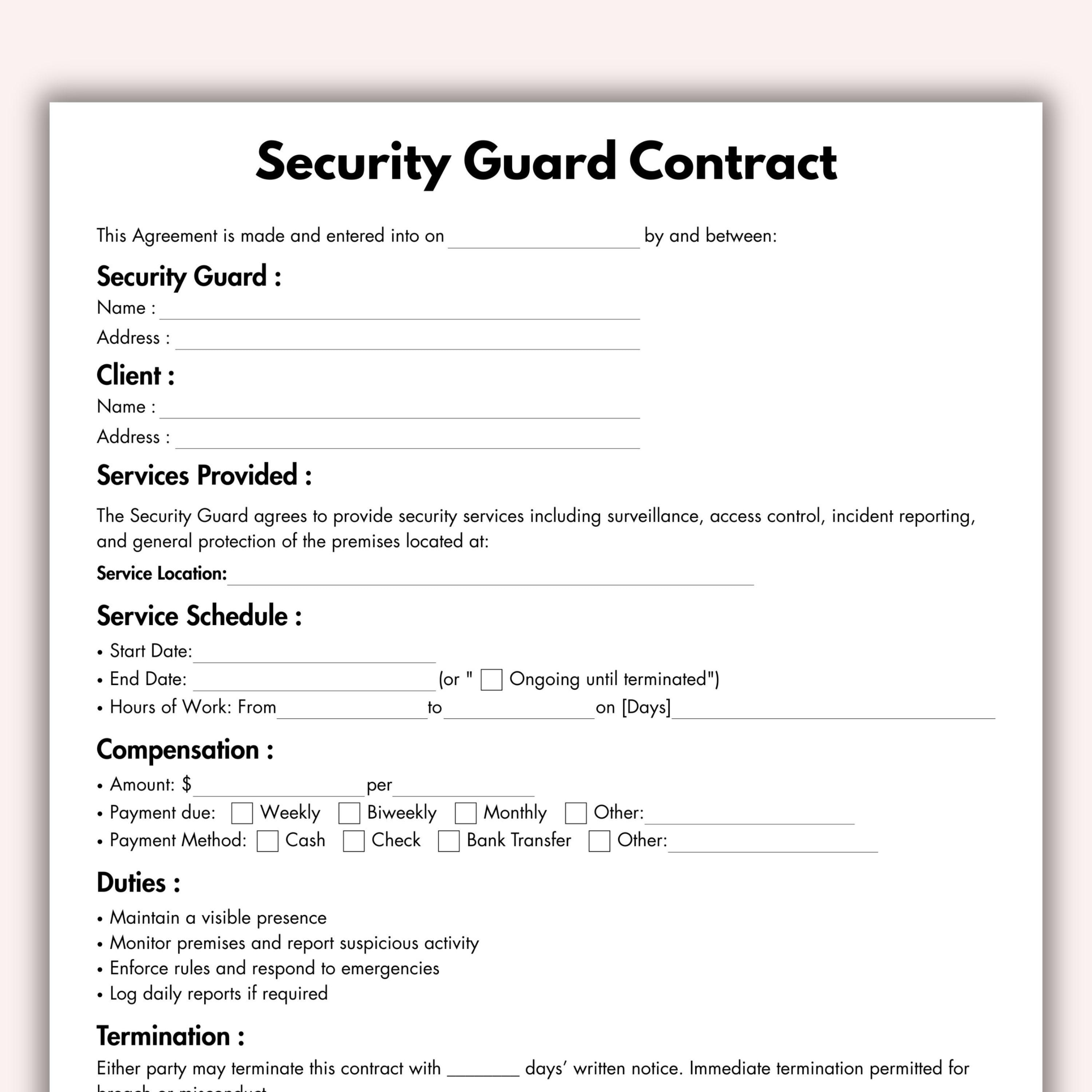 Security Guard Contract, Printable Security Service Provider Agreement ...