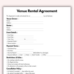 Puede incluir: Un formulario de Acuerdo de Alquiler de Local impreso en papel blanco. El documento incluye secciones para el propietario del local, el arrendatario, los detalles del evento, los términos de pago, las restricciones y la política de cancelación.