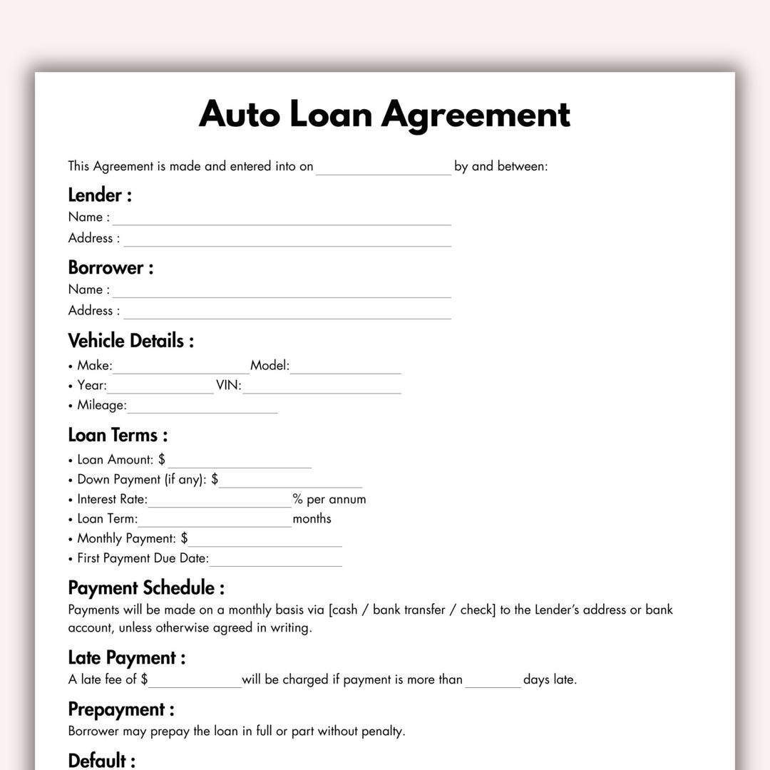 Auto Loan Form.pdf Auto Loan Agreement, Printable Auto Finance Plan Template, Editable ...