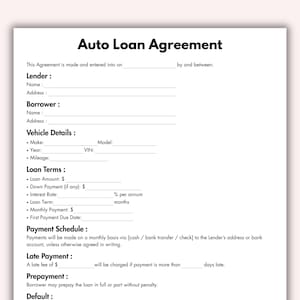 Contrat de prêt auto, modèle de plan de financement automobile imprimable, formulaire de vente du concessionnaire modifiable, contrat de paiement de voiture, téléchargement immédiat sur Canva