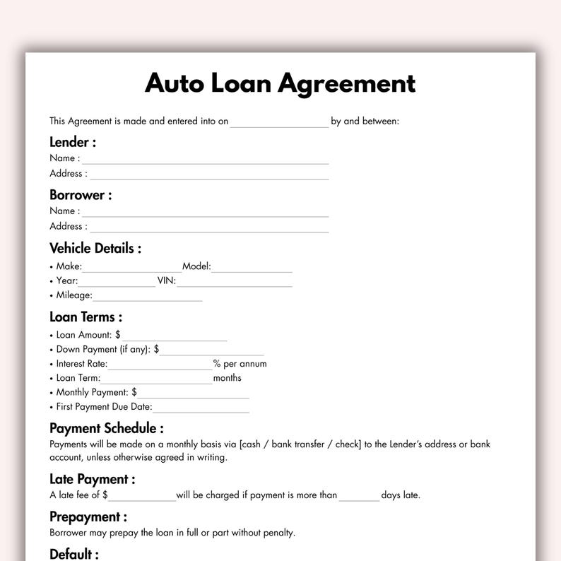 Auto Loan Agreement, Printable Auto Finance Plan Template, Editable