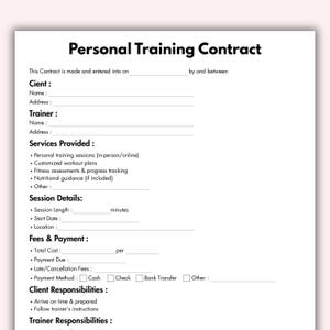 Könnte beinhalten: Ein weißer Personal Training Vertrag mit schwarzem Text. Der Vertrag enthält Abschnitte für Kunden- und Trainerinformationen, erbrachte Leistungen, Sitzungsdetails, Gebühren und Verantwortlichkeiten. Das Dokument ist für Fitnesstrainer konzipiert.