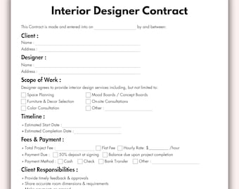 Interior Designer Contract, Printable Interior Decorating Form Template, Editable Interior Design Services Agreement Instant Download