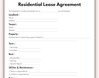 Residential Lease Agreement, Printable Rental Agreement Form Template, Editable Landlord Property Housing Agreement Instant Digital Download