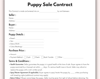 Puppy Sales Contract, Printable Agreement Form Template, Editable Puppy Deposit Contract, Puppy Purchase Agreement Instant Digital Download