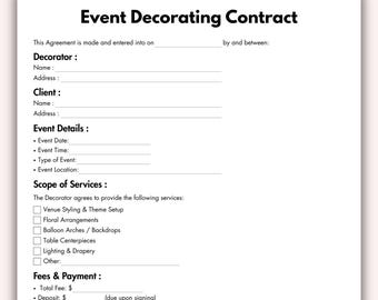 Event Decorating Contract, Printable Event Planning Service Form Template, Editable Decor Rental Agreement Party Decorator Instant Download