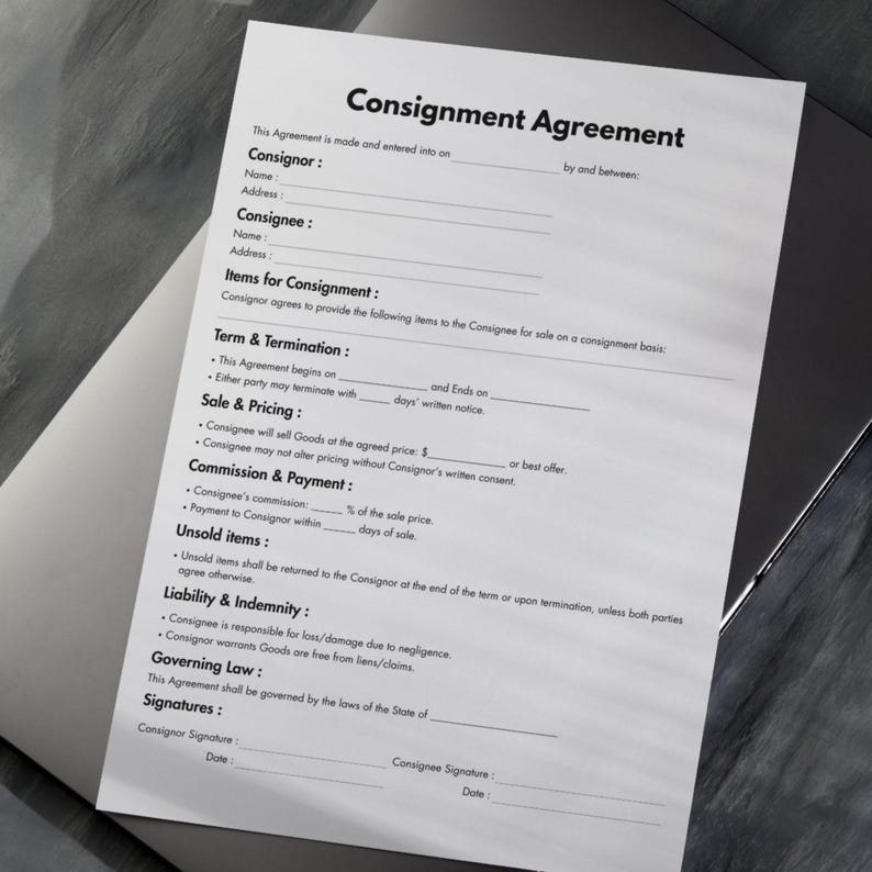 Printed consignment agreement with contract terms and signature fields