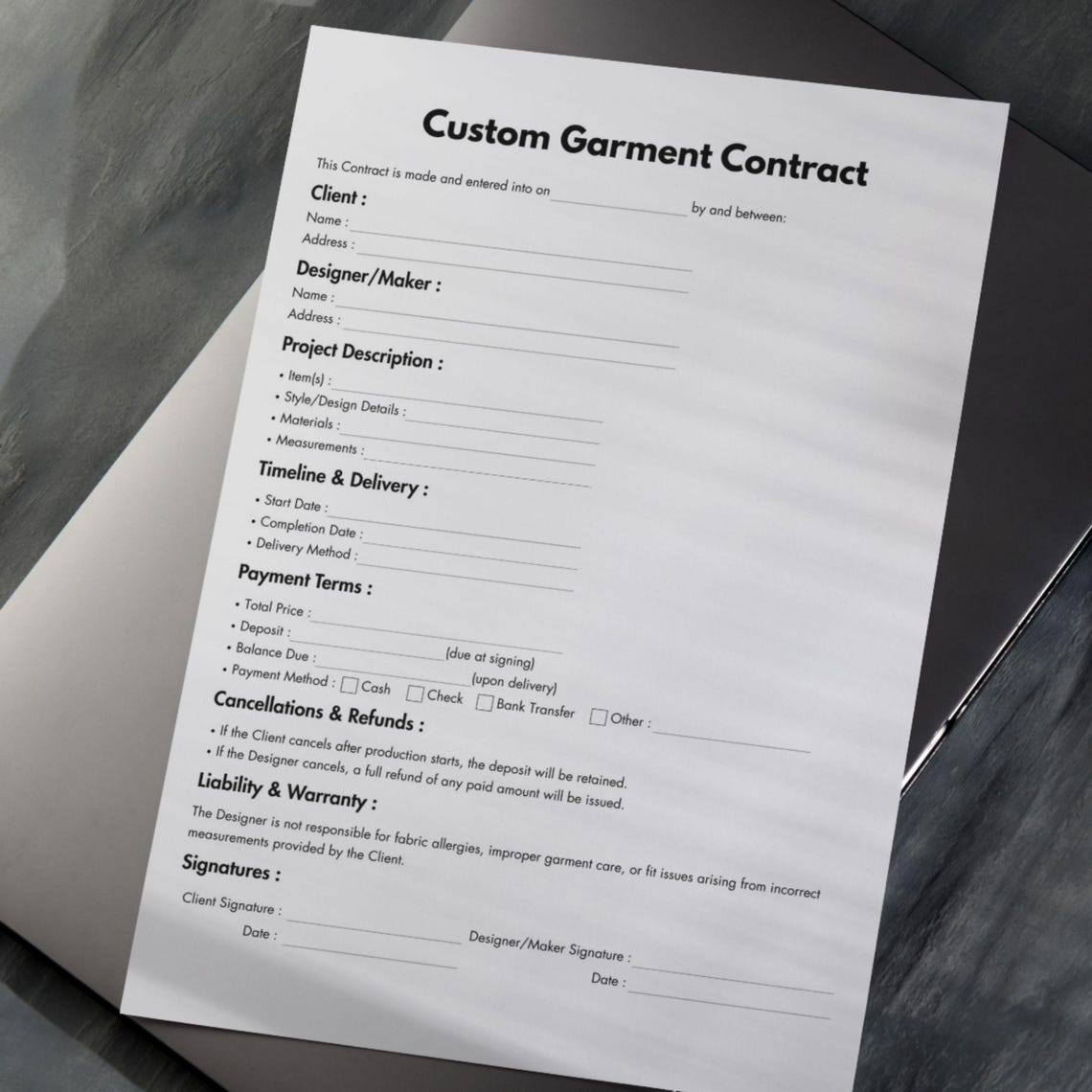 Custom Garment Contract, Printable Tailor Clothing Agreement Template ...