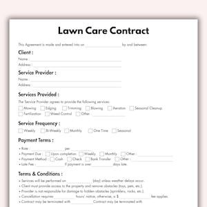 May include: A printed lawn care contract on white paper. The document includes sections for client and service provider information, services provided, service frequency, payment terms, and terms and conditions.