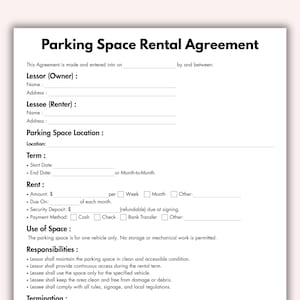Könnte beinhalten: Ein gedruckter Mietvertrag für einen Parkplatz auf weißem Papier. Das Dokument enthält Abschnitte für Informationen zu Vermieter und Mieter, Parkplatzstandort, Laufzeit, Miete und Verantwortlichkeiten. Der Titel "Parking Space Rental Agreement" steht oben.