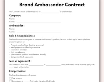 Brand Ambassador Contract, Printable Influencer & Collaboration Form Template, Editable Social Media Agreement Instant Digital Download
