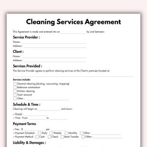 Cleaning Service Agreement, Printable Cleaning Business Template, Editable Cleaning Service Contract, Housekeeper contract Instant Download