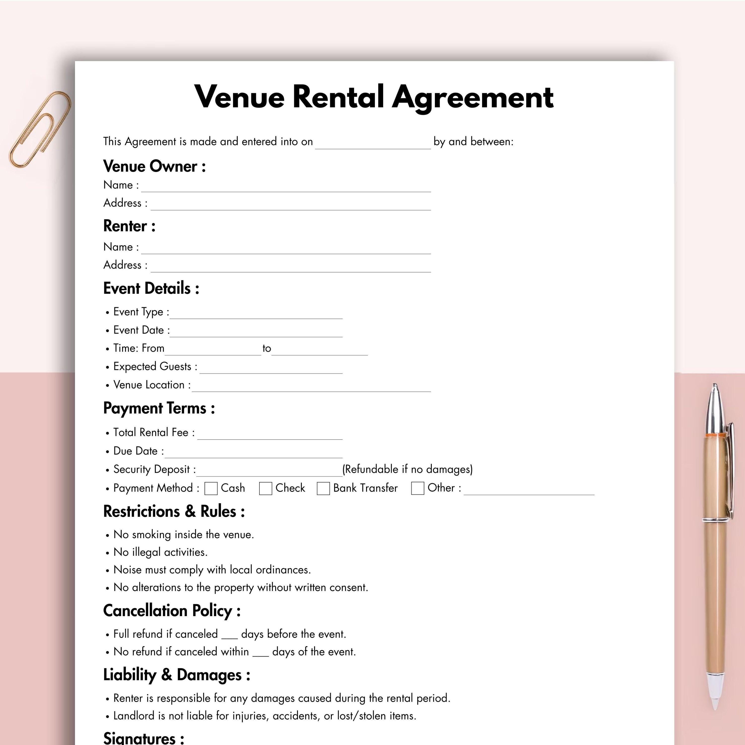 Venue Rental Agreement, Printable Wedding Venue Rental Agreement