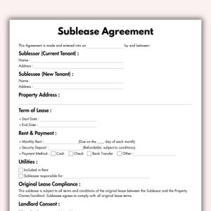 Könnte beinhalten: Ein weißes Untermietvertrag-Formular mit schwarzem Text. Das Dokument enthält Abschnitte für den Untervermieter, den Untermieter, die Objektadresse, die Mietbedingungen, die Miete, die Nebenkosten und die Einhaltung. Der Titel "Sublease Agreement" steht oben.