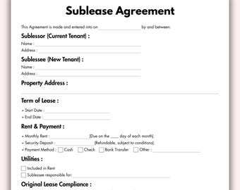 Sublease Agreement, Printable Commercial Sublet Contract Form Template, Editable Residential Sublease Agreement Instant Digital Download