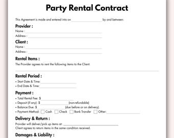 Party Rental Contract, Printable Party Rental Agreement Form Template, Editable Party Planning Rental Instant Digital Download