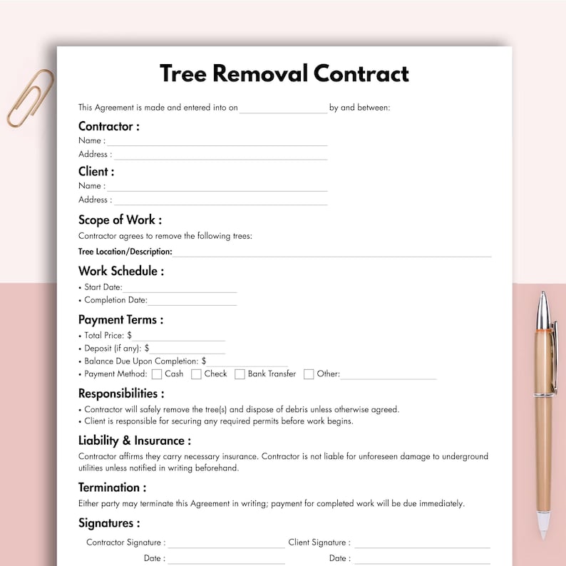 Tree Removal Contract, Printable Tree Removal Service Form Template ...