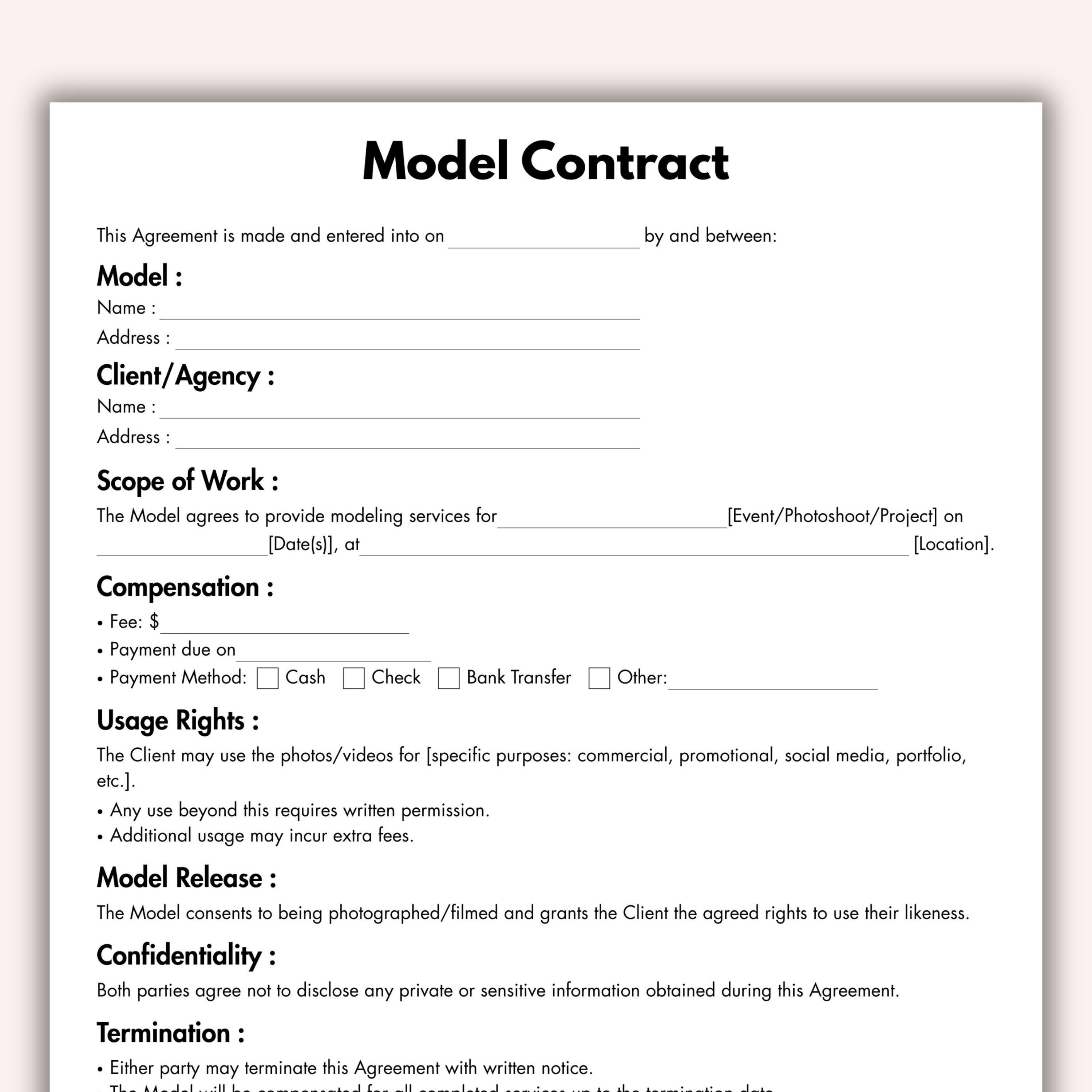 Model Contract, Printable Modeling Services Form Template, Editable