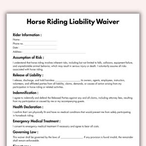 Horse Riding Liability Waiver, Printable Equine Waiver Form Template, Editable Riding School Waiver, Horse Rental Consent Instant Download