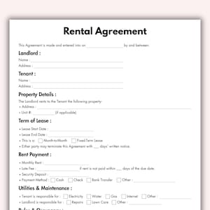 Basic Rental Agreement, Printable Fillable Rental Contract Form Template, Editable Basic Lease Contract, Landlords Rental Instant Download