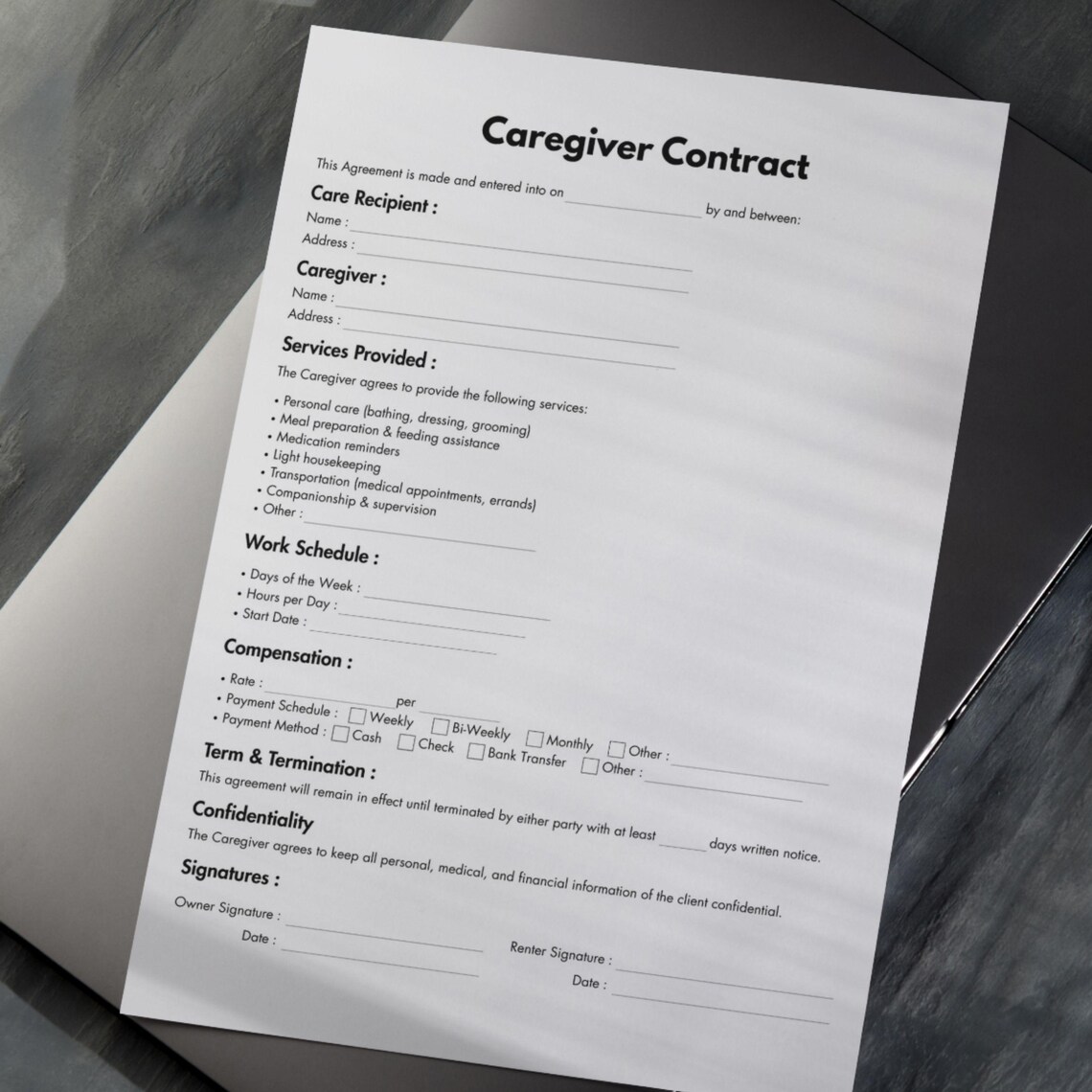 Caregiver Contract, Printable Nanny Contract Template, Editable Elder