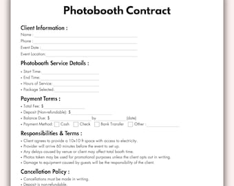 Puede incluir: Un contrato de Photobooth con secciones para información del cliente, detalles del servicio, términos de pago, responsabilidades, política de cancelación y responsabilidad. Incluye campos rellenables y casillas de verificación para métodos de pago.