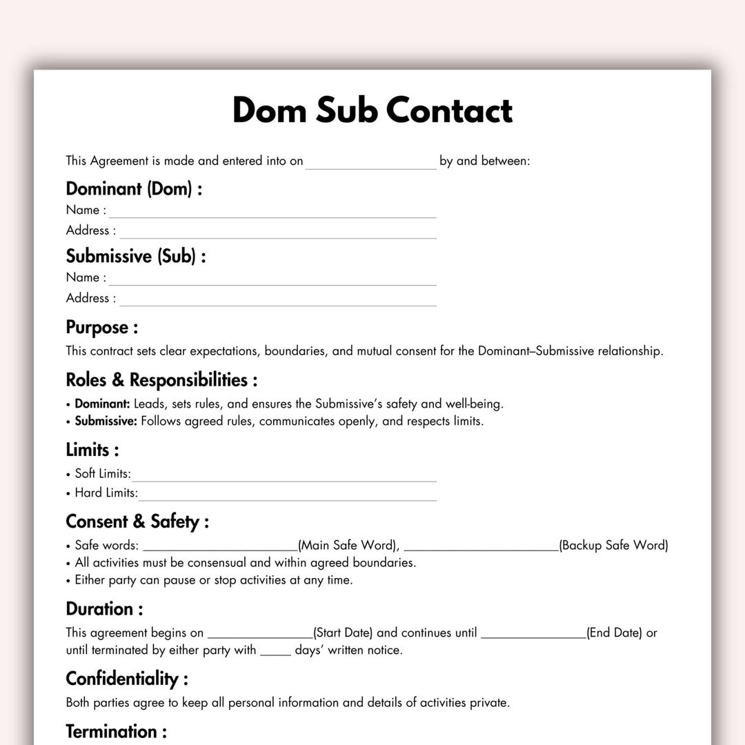 Sub Contact Dom Sub Contact, Printable Dominatrix Services Agreement Form Template ...